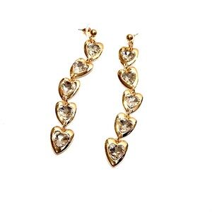Polished Gold & Crystal Dangle Hearts Long Post Back Earrings​